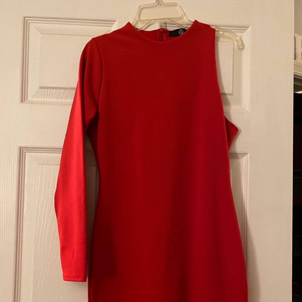 Red one sleeve dress by brand MISSGUIDED